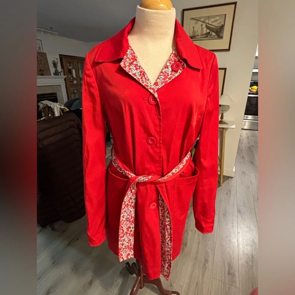 liberty Art Fabric Red Trench Coat with Floral Trim. Size M - Picture 1 of 10